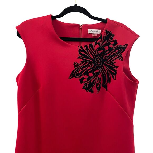 Calvin Klein Dress Women’s Size Red Sheath Black Velour Flowers Cocktail Party - Picture 2 of 5